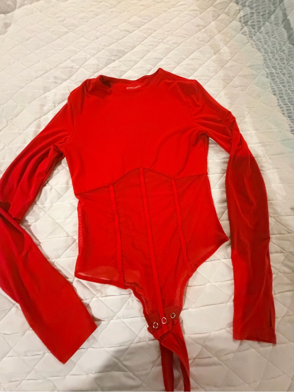 ReoRia Red Long Sleeve Mesh Corset-Style One-Piece Bodysuit